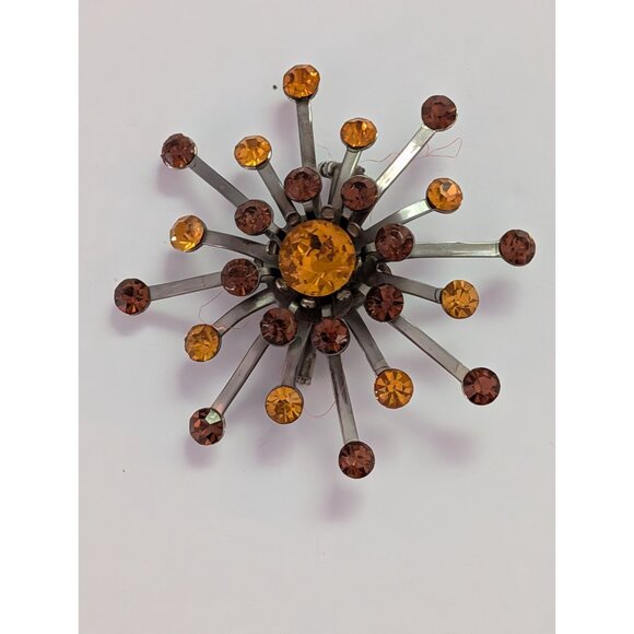 Vintage Atomic Starburst Brooch With Amber & Brown Rhinestones Silver-Tone - Picture 3 of 5
